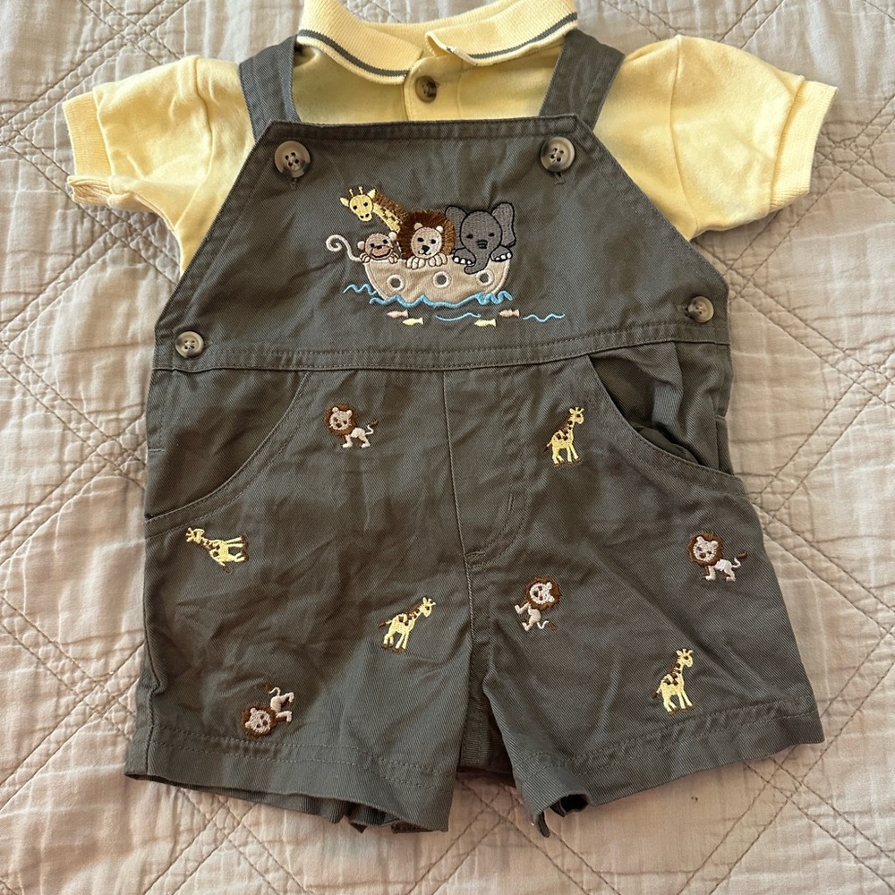 Starting Out Gray and Yellow Overalls with Embroidered Designs